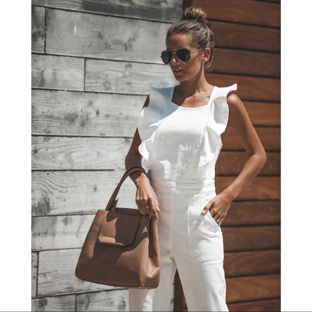 White Denim Ruffle Open Back Jumpsuit - Picture 4 of 8